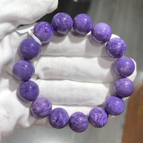 High-Grade Charoite Bracelet - Rare Velvet Purple Swirls 15mm